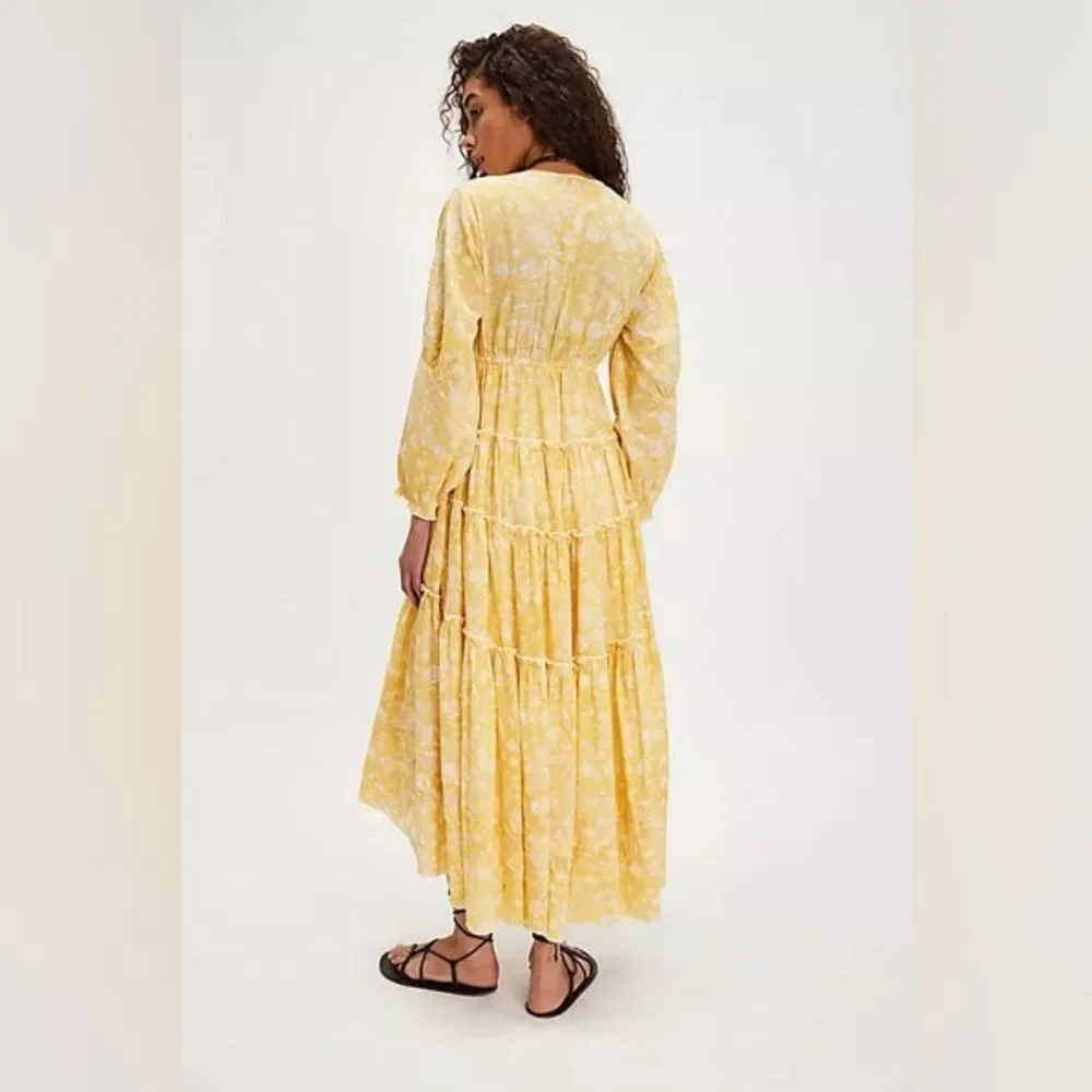 Free People Pappiet Floral Midi Dress Yellow Floral High Low Size XSmall